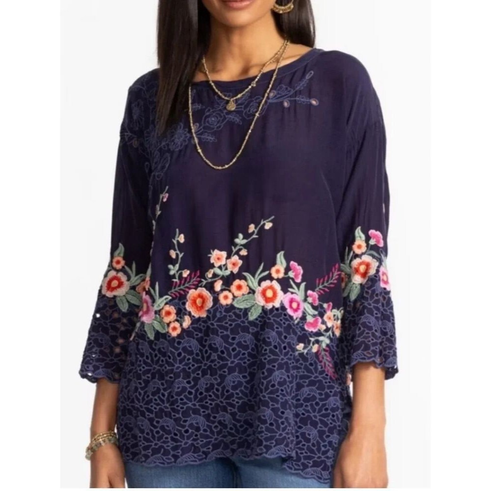 Johnny Was Womens Brixley Tunic Top Embroidered Flowers Navy Blue Size 2X Plus